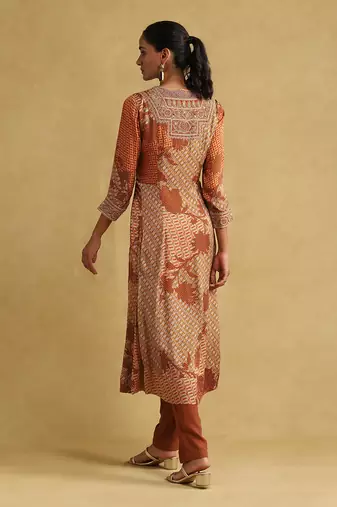Rust micro print embroidered kurta set