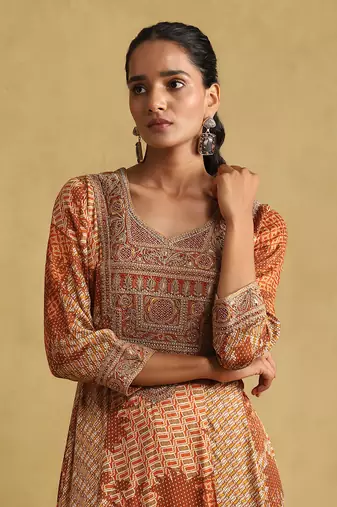 Rust micro print embroidered kurta set