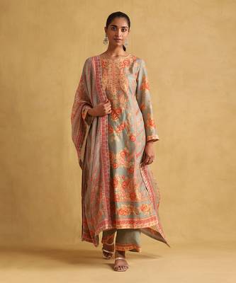 RITU KUMAR Green floral print chanderi kurta set 1
