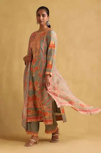 RITU KUMAR Green floral print chanderi kurta set