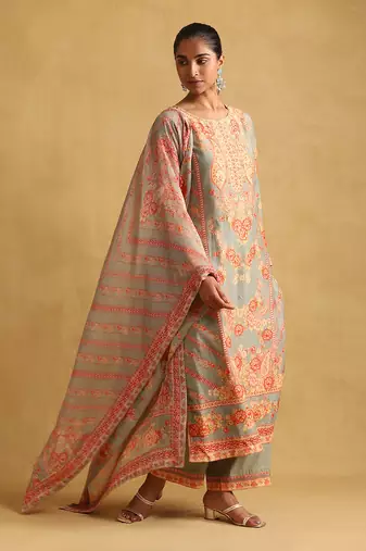 RITU KUMAR Green floral print chanderi kurta set