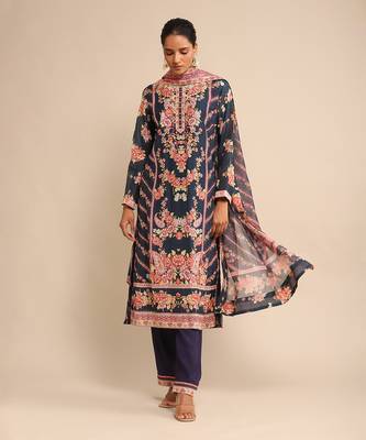 RITU KUMAR Navy floral print chanderi kurta set 1