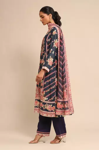RITU KUMAR Navy floral print chanderi kurta set