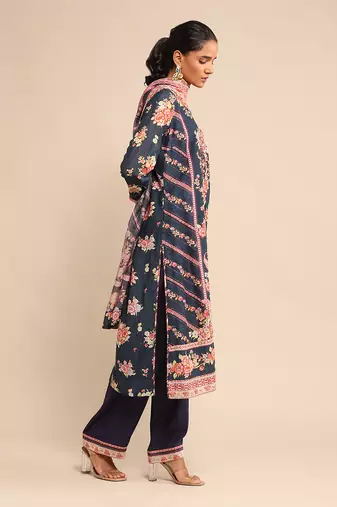 RITU KUMAR Navy floral print chanderi kurta set