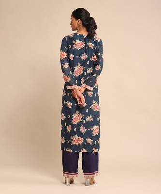 RITU KUMAR Navy floral print chanderi kurta set 4