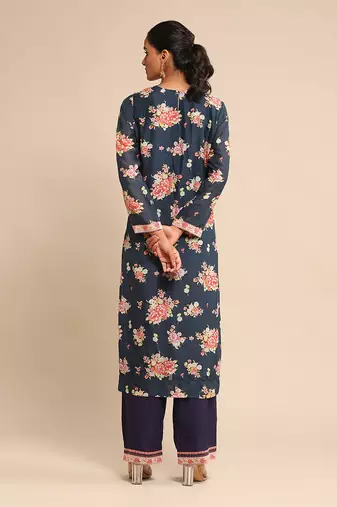 RITU KUMAR Navy floral print chanderi kurta set