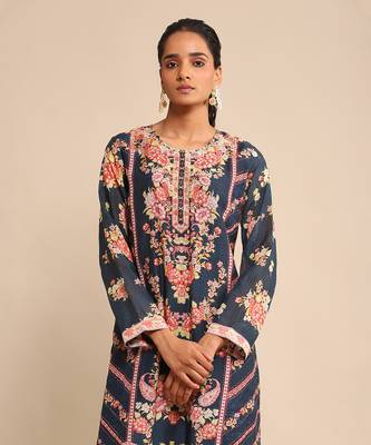 RITU KUMAR Navy floral print chanderi kurta set 5