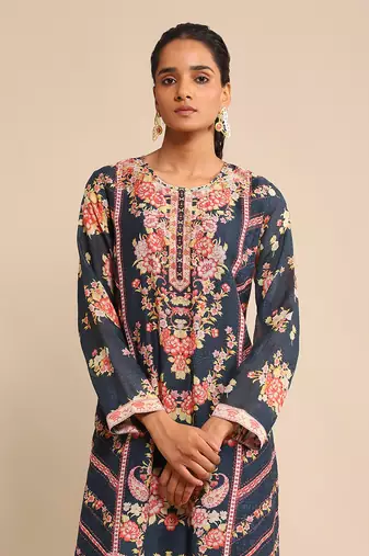 RITU KUMAR Navy floral print chanderi kurta set