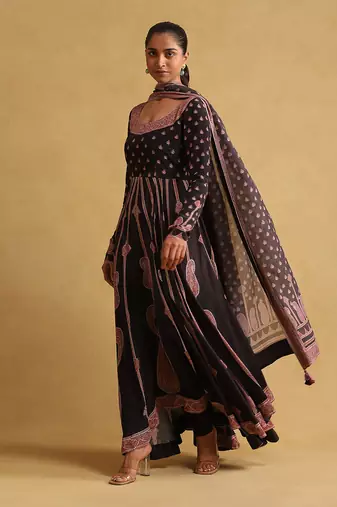 RITU KUMAR Black printed crepe anarkali kurta set