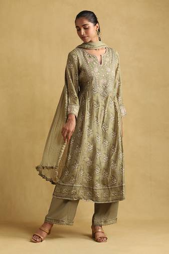 Green printed viscose kurta set