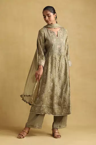 Green printed viscose kurta set