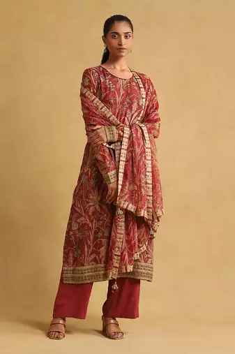 RITU KUMAR Wine botanical print chanderi kurta set