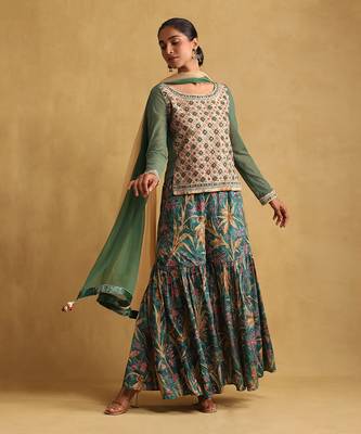 Multicolour Cotton-Blended Embroidered  Sharara Set 1