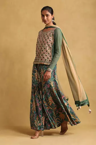 Multicolour Cotton-Blended Embroidered  Sharara Set
