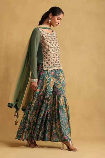 Multicolour Cotton-Blended Embroidered  Sharara Set
