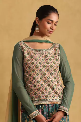 Multicolour Cotton-Blended Embroidered  Sharara Set