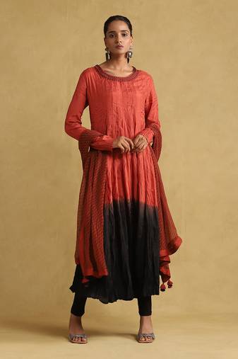 Rust ombre viscose silk kurta set