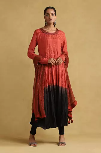 Rust ombre viscose silk kurta set