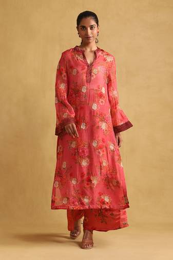 Coral floral print organza kurta set
