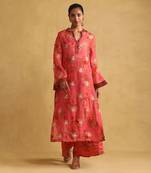 Coral floral print organza kurta set