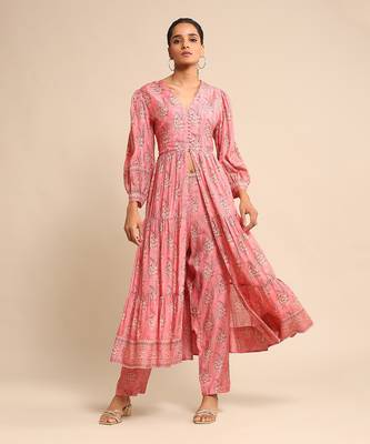 RITU KUMAR Pink printed viscose kurta set 1