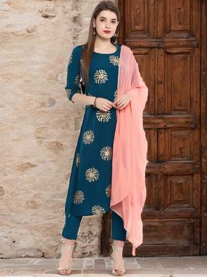 Turquoise printed crepe kurta sets 1