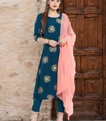 Turquoise printed crepe kurta sets