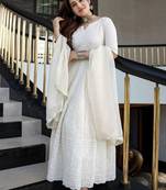 Off White Lucknowi Chikankari With Embroidery Cotton Kurta Partywear Gown With Dupatta
