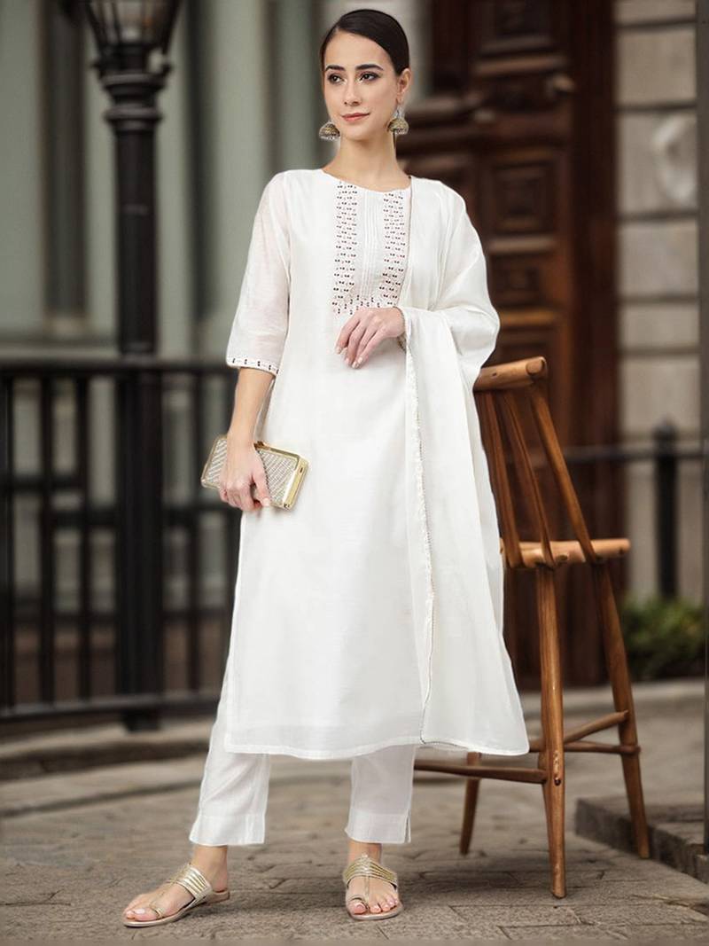 White embroidered silk salwar