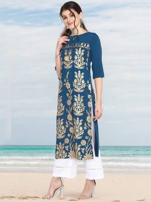 Indian Women's Turquoise Blue Poly Crepe Kurta 1