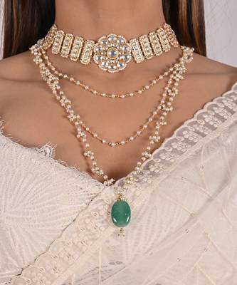 White pearl and kundan layered necklace set 1