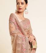 Kasee Women'S Chiku Colour Floral Embroidered Net Saree With Unstitched Blouse Piece