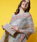 Kasee Women'S Grey & Pink Embellished Embroidered Net Saree With Unstitched Blouse Piece