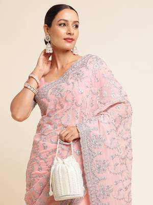 Kasee Women's Pink Floral Beads & Stones Embroidered Saree With Unstitched Blouse Piece 1