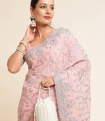 Kasee Women's Pink Floral Beads & Stones Embroidered Saree With Unstitched Blouse Piece
