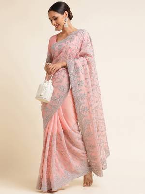 Kasee Women's Pink Floral Beads & Stones Embroidered Saree With Unstitched Blouse Piece 2