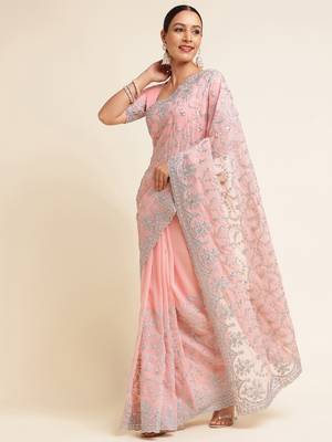Kasee Women's Pink Floral Beads & Stones Embroidered Saree With Unstitched Blouse Piece 3