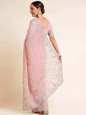 Kasee Women's Pink Floral Beads & Stones Embroidered Saree With Unstitched Blouse Piece 4