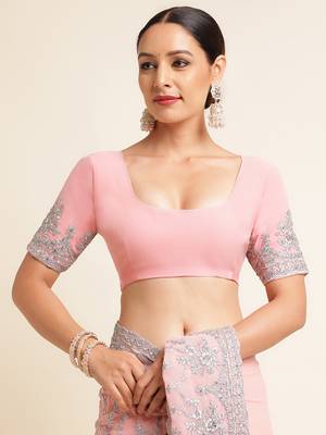 Kasee Women's Pink Floral Beads & Stones Embroidered Saree With Unstitched Blouse Piece 5