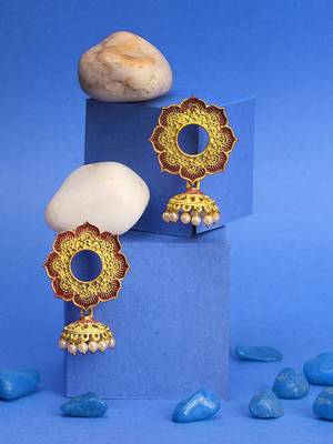 Women gold-plated flower shaped stone studded dome-shaped jhumkas copper jhumki earring 1