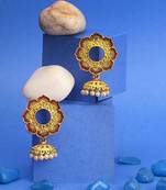 Women gold-plated flower shaped stone studded dome-shaped jhumkas copper jhumki earring