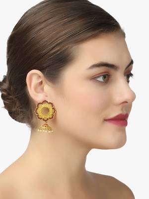 Women gold-plated flower shaped stone studded dome-shaped jhumkas copper jhumki earring 2