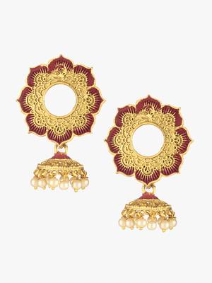 Women gold-plated flower shaped stone studded dome-shaped jhumkas copper jhumki earring 3