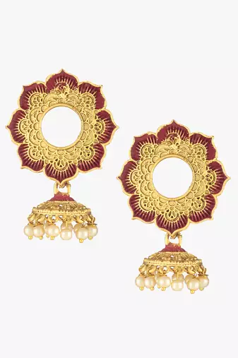 Women gold-plated flower shaped stone studded dome-shaped jhumkas copper jhumki earring
