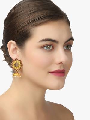 Women gold-plated flower shaped stone studded dome-shaped jhumkas copper jhumki earring 4