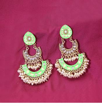 24ct gold-plated & stone-studded green enameld crescent earrings with pearls 4