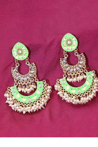 24ct gold-plated & stone-studded green enameld crescent earrings with pearls