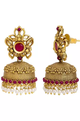 Women 24ct gold-plated hancrafted stone-studded jhumki