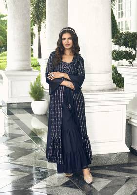 Blue Color sequin Embroidered Georgette Palazzo Salwar Suit Stitched 42 size  1