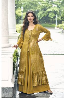 Yellow Color sequin Embroidered Georgette Palazzo Salwar Suit Stitched 42 size  1